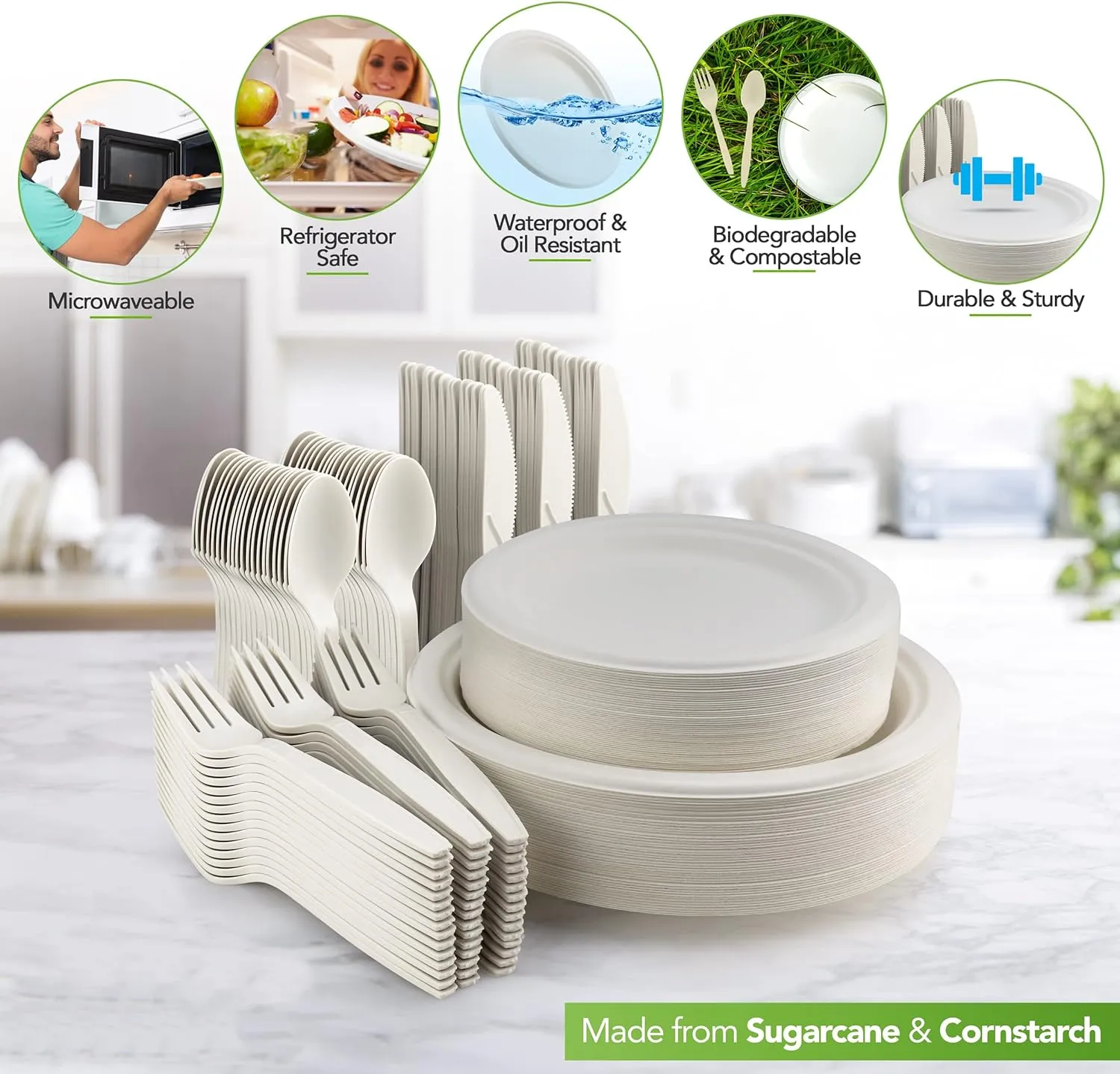 250 Piece Biodegradable Paper Plates Set, Disposable Dinnerware Set, Eco Friendly Compostable Plates & Utensil include Plates, Forks, Knives Spoons