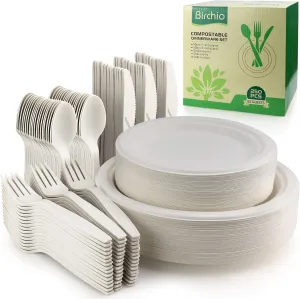 250 Piece Biodegradable Paper Plates Set, Disposable Dinnerware Set, Eco Friendly Compostable Plates & Utensil include Plates, Forks, Knives Spoons