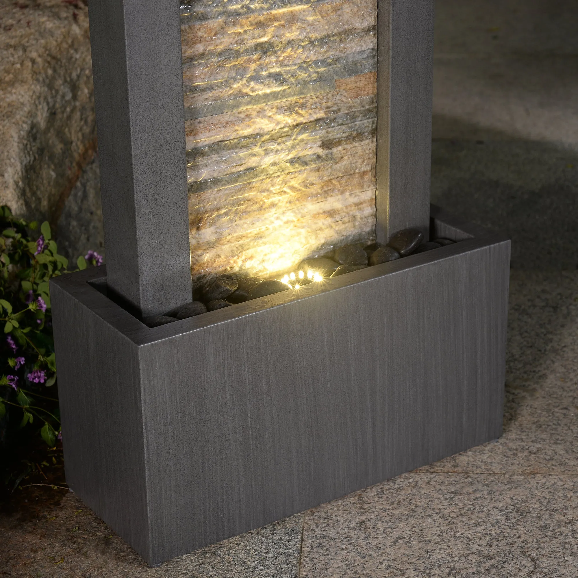 79532-M-GY -  Zen Garden Metal Fountain with Stone Brick Accent - Tranquil Harmony