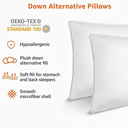 Amazon Basics Down Alternative Bed Pillows, Medium Density for Back and Side Sleepers - Standard, 2-Pack,white