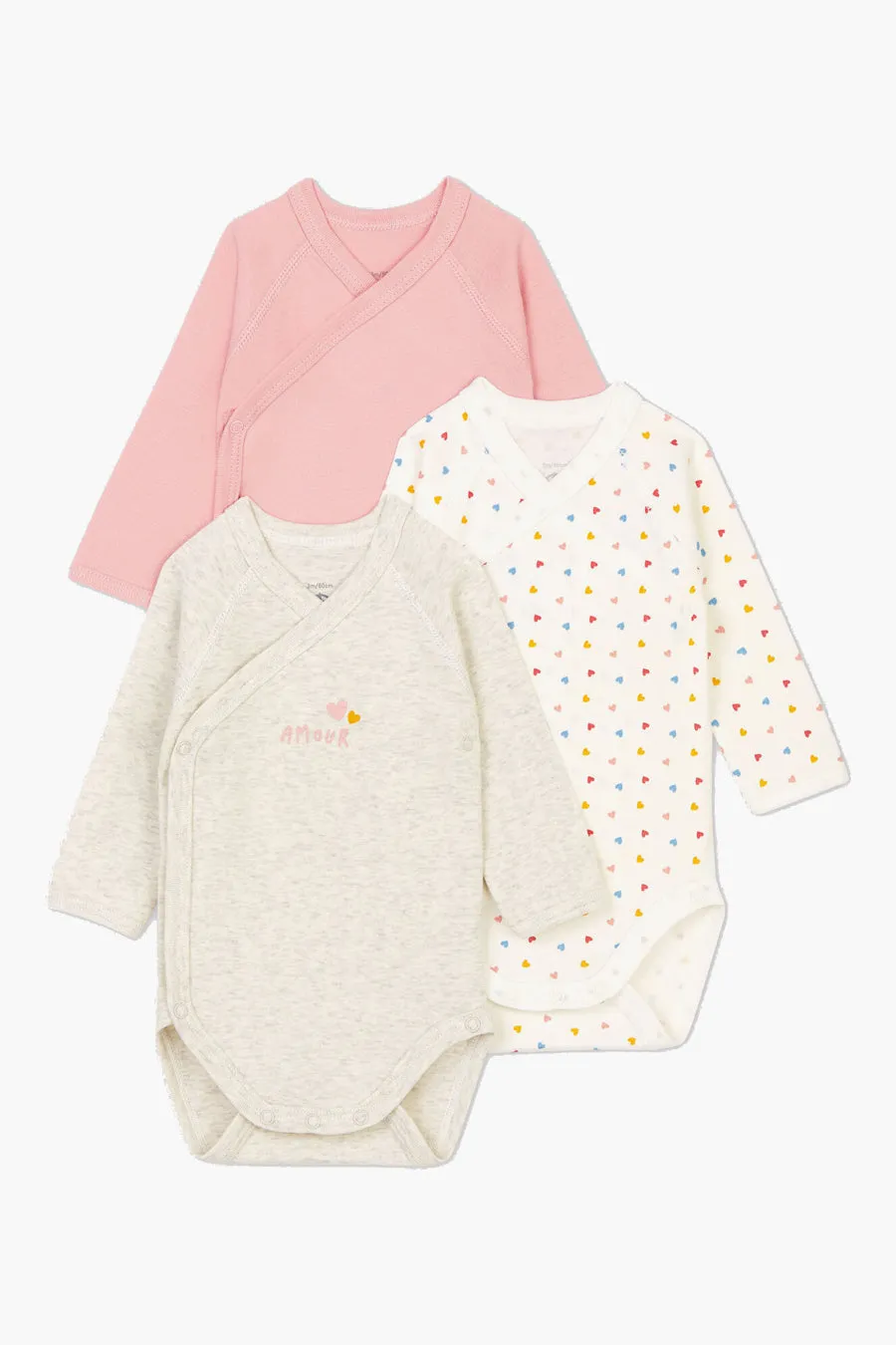 Baby Onesie Petit Bateau 3-Pack Kimono Long-Sleeve - Tiny Hearts