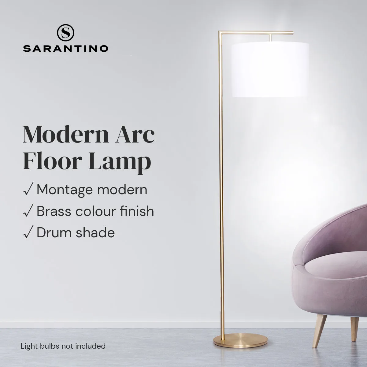 Brass Arc Floor Lamp with Drum Shade & Foot Switch