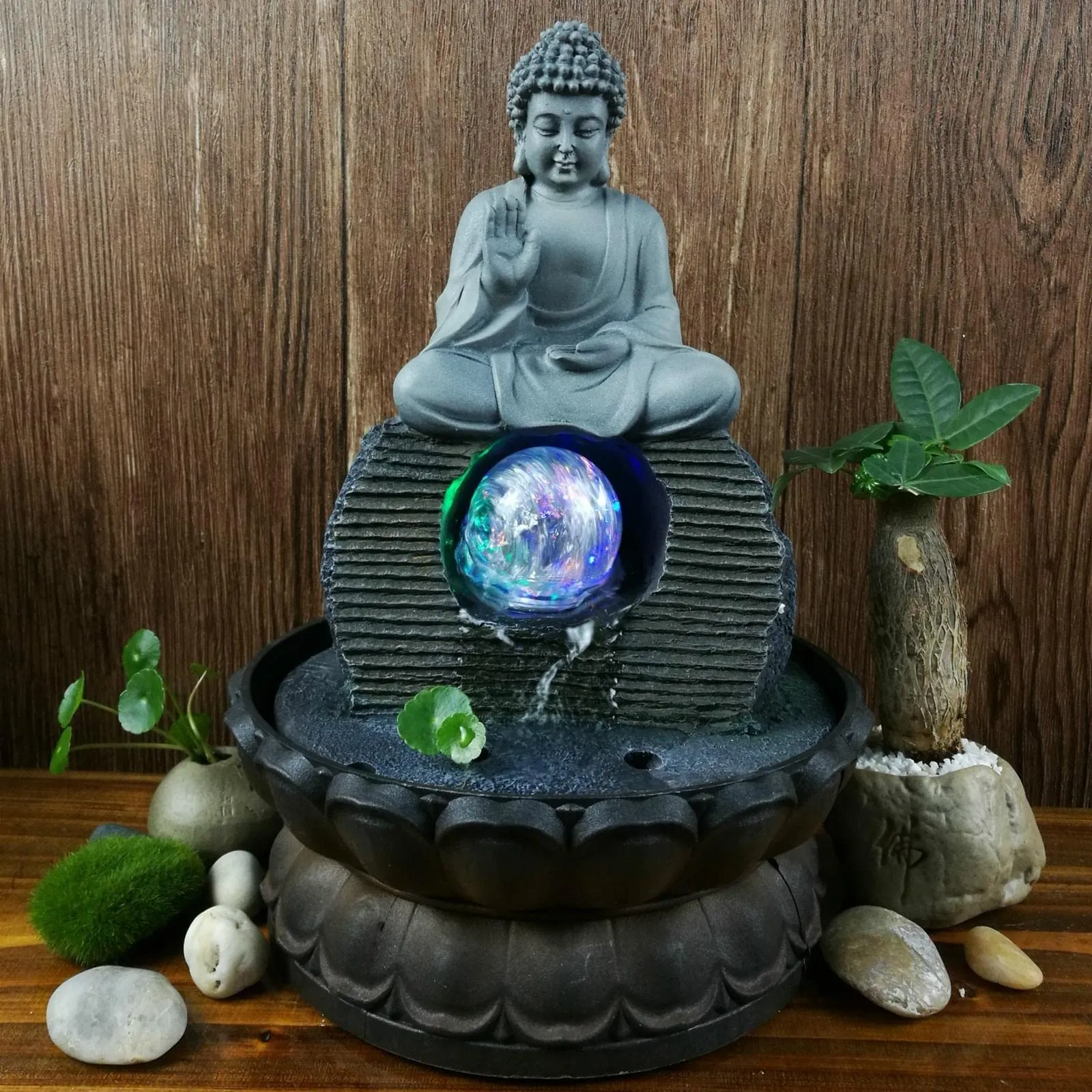 CALANDIS Resin Buddha Statue Water Fountain Feng Shui Led Garden Decoration