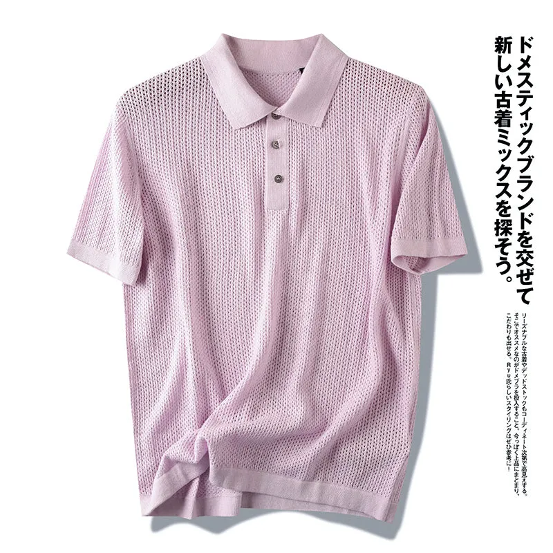 Cashmere   cotton! Italian single men's thin hollowed-out knitted short-sleeved Polo shirt summer