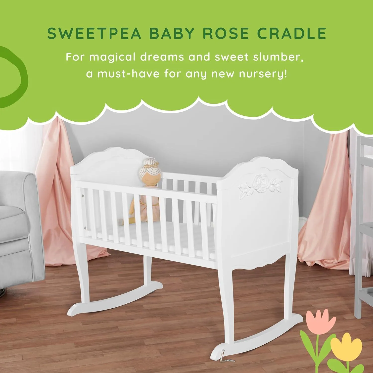 Dream on Me Baby New Zealand Pinewood Rose Cradle - White