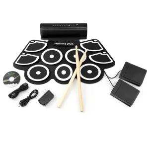 Foldable Electronic Drum Set w/ USB MIDI, Drumsticks - Black