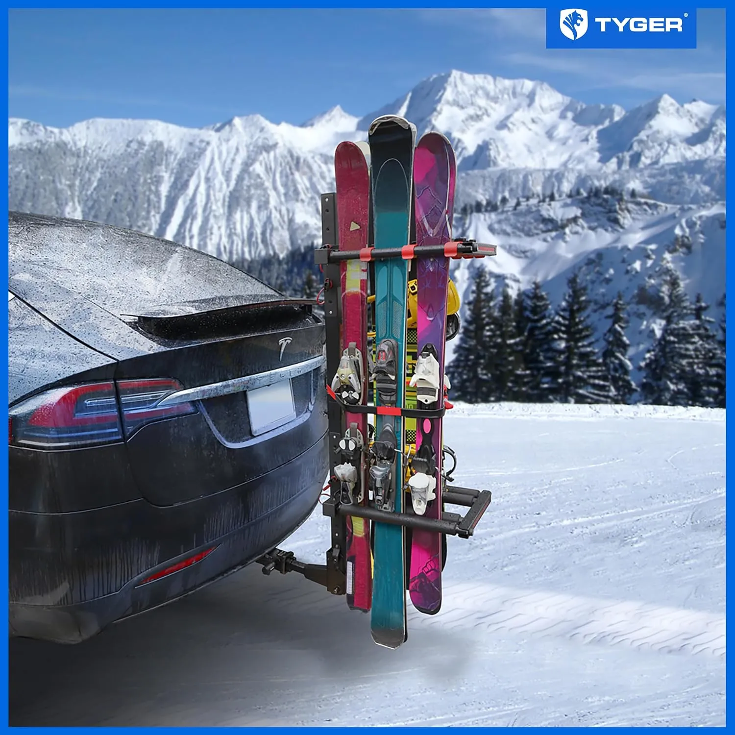 Folding Hitch-Mounted Ski or Snowboard Rack Fits 2" or 1.25" Receiver, Carries 6 Pair Skis or 4 Snowboards