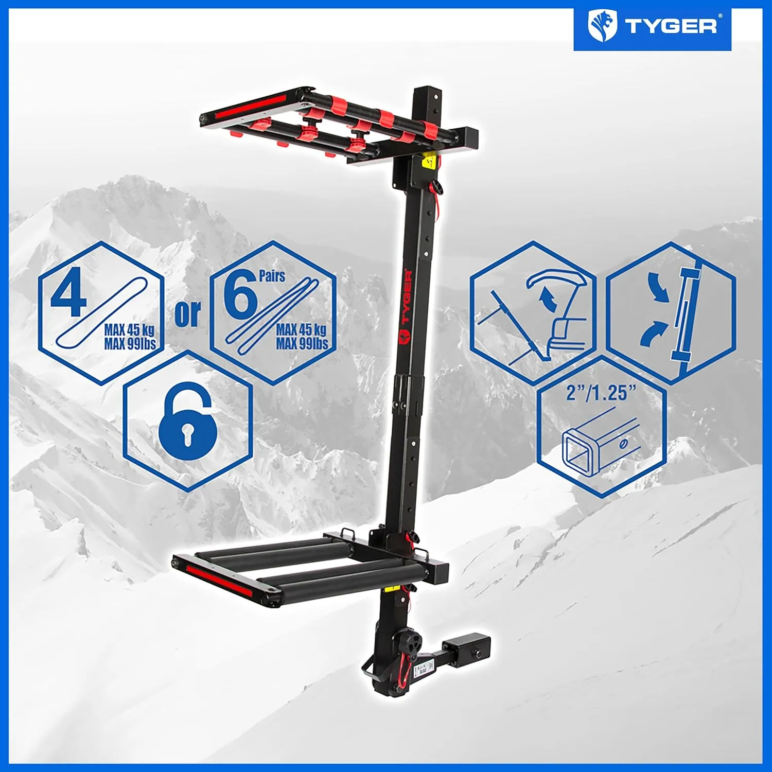 Folding Hitch-Mounted Ski or Snowboard Rack Fits 2" or 1.25" Receiver, Carries 6 Pair Skis or 4 Snowboards