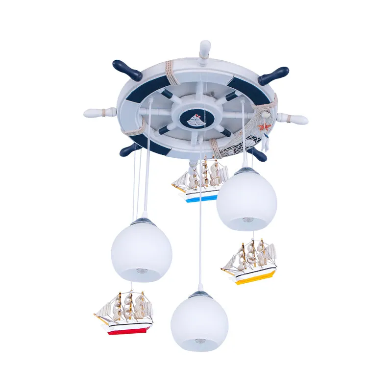 Globe Down Lighting Nautical Opaque Glass 3 Heads Nursery Multiple Lamp Pendant with Rudder Canopy in White