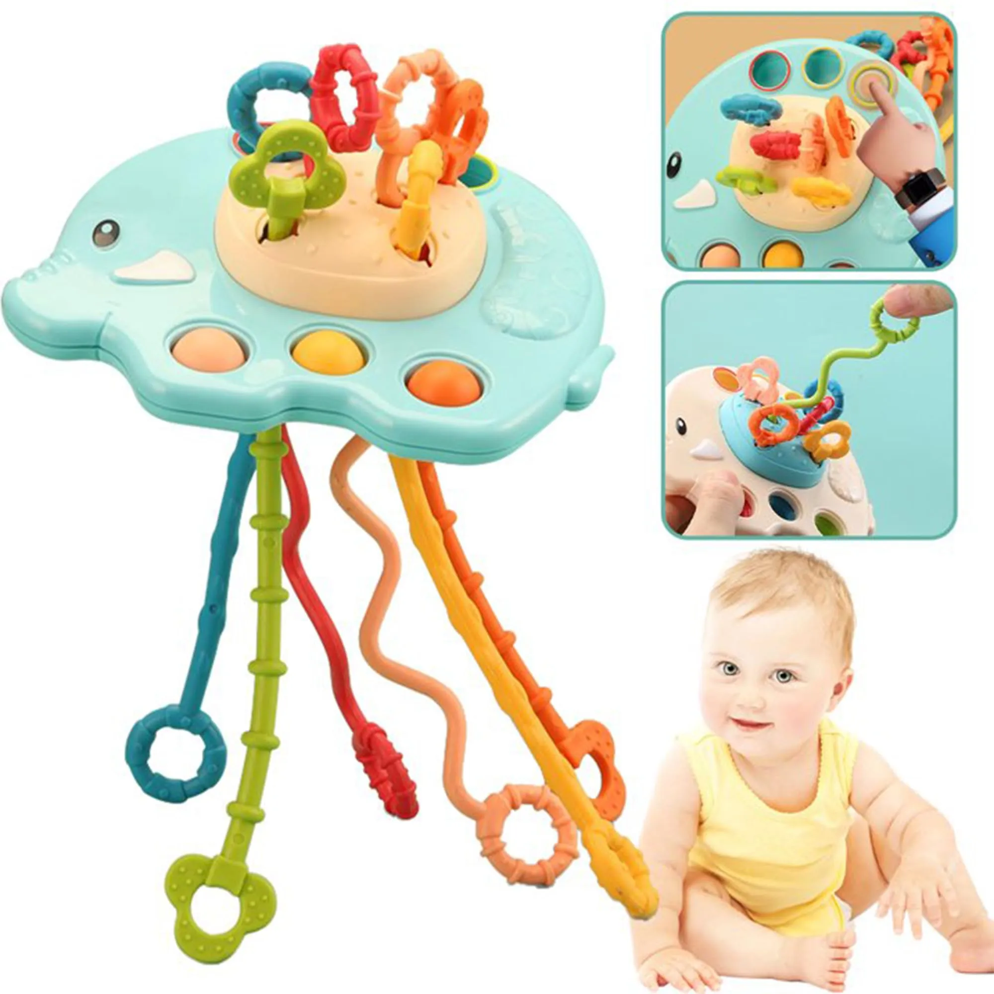 Kidology Pull String Toy for Babies Teething Strings Sensory Montessori Toys Baby Girl,Travel Toy for 6 Months Boy Food Grade Silicone Fine Motor Skills Toy for Toddlers (Elephant Design 2)