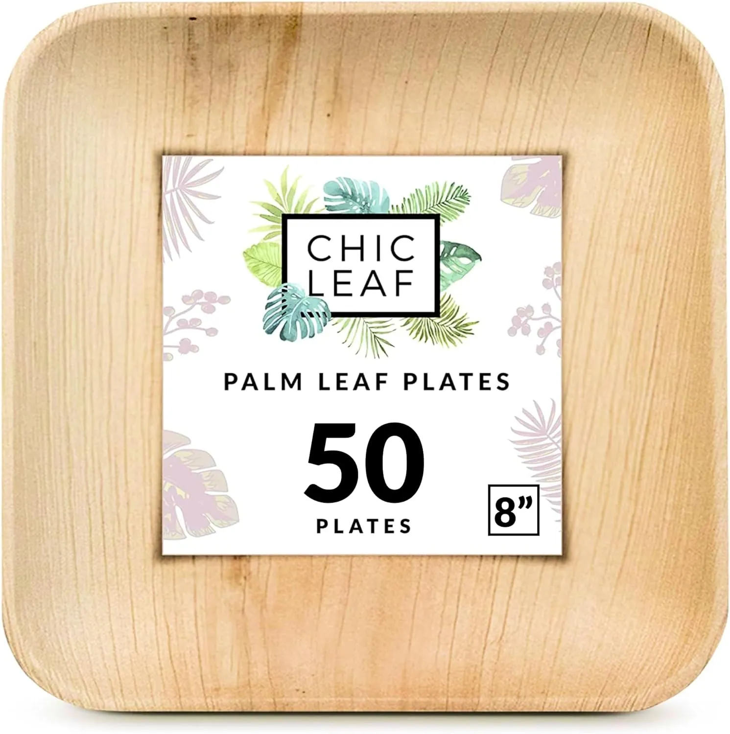 Leaf Plates Bamboo Like Disposable 8 Inch Square Party Bulk Pack 100 Pc - Compostable, Biodegradable, Eco Friendly Heavy Duty