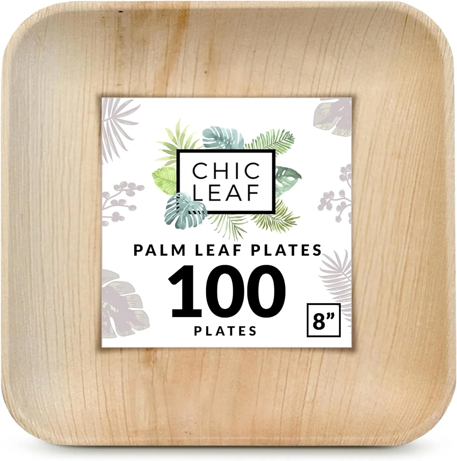 Leaf Plates Bamboo Like Disposable 8 Inch Square Party Bulk Pack 100 Pc - Compostable, Biodegradable, Eco Friendly Heavy Duty