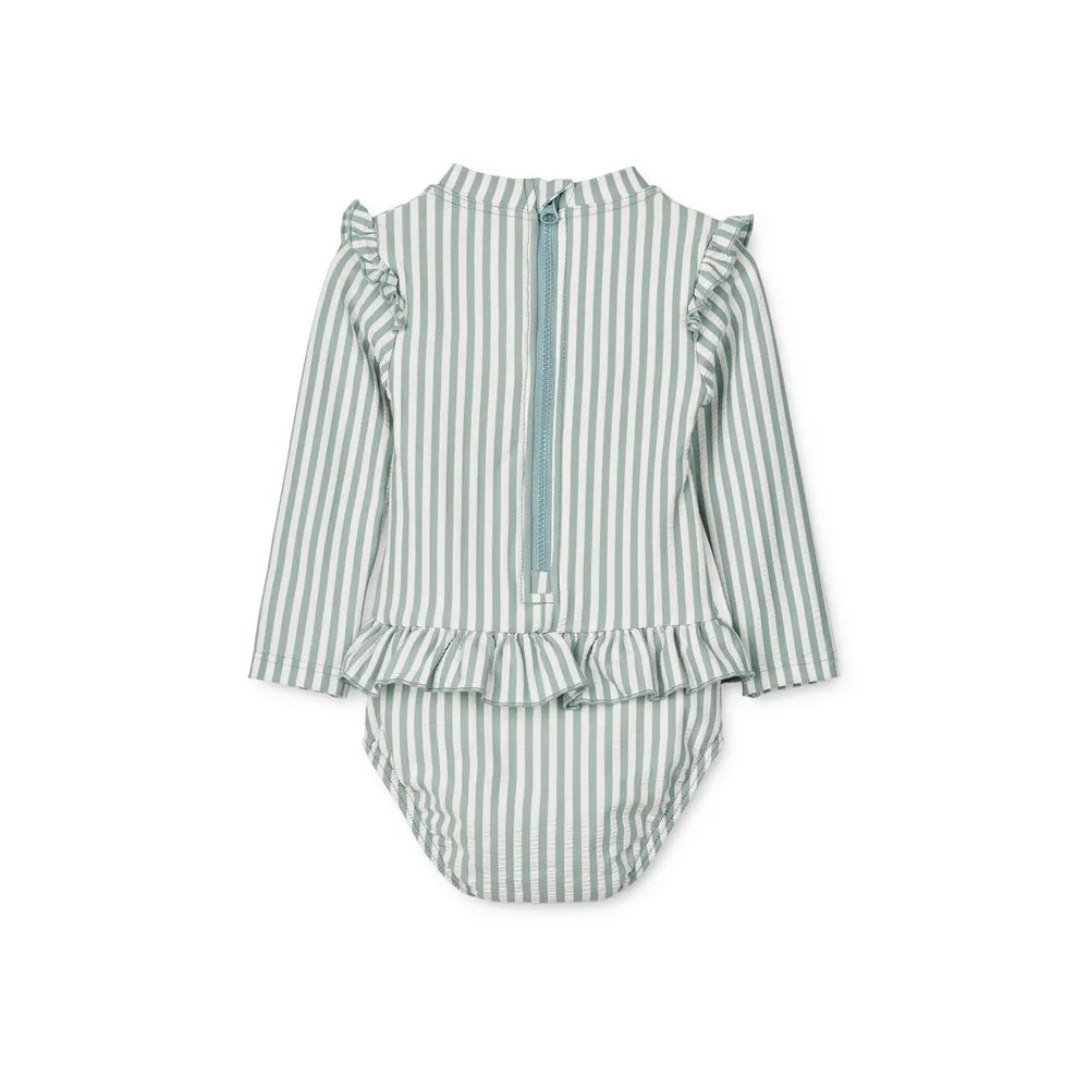 Liewood Baby Sille Long-Sleeve Seersucker Swimsuit - Sea Blue & White Stripe