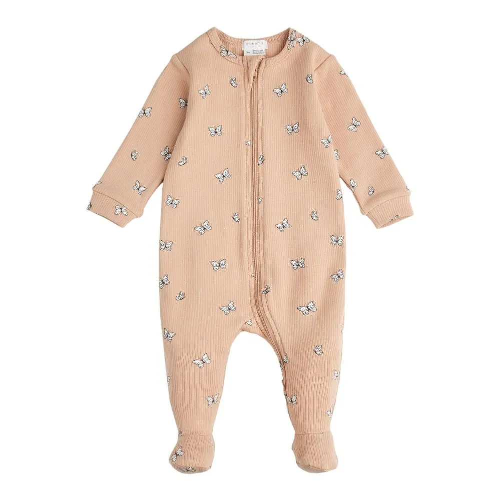 Petit Lem Organic Cotton Ribbed Footed Sleeper in Rose Butterfly Print