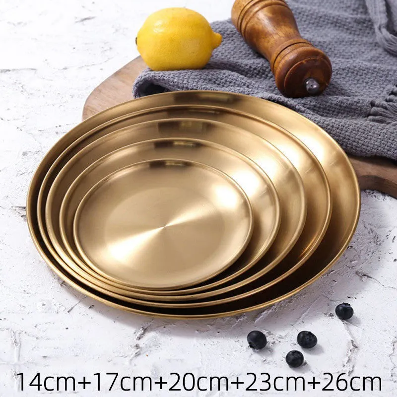 Retro Metal Round Tray Stainless Steel Snack Fruit Tray Jewelry Storage Tray European Style Dinner Plates