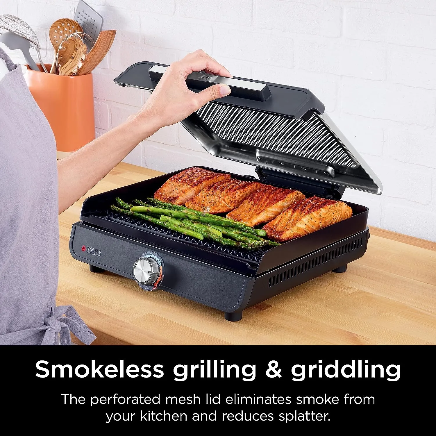 Smokeless Indoor Grill and Griddle, 14'' Nonstick Grill and Griddle Plates, Dishwasher-Safe Removable Mesh Lid, 500F Max Heat