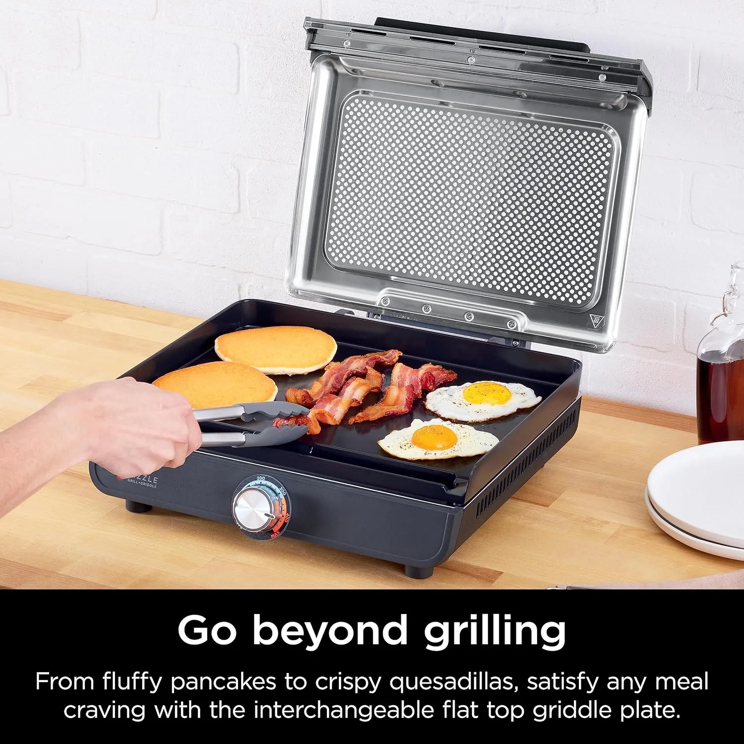 Smokeless Indoor Grill and Griddle, 14'' Nonstick Grill and Griddle Plates, Dishwasher-Safe Removable Mesh Lid, 500F Max Heat