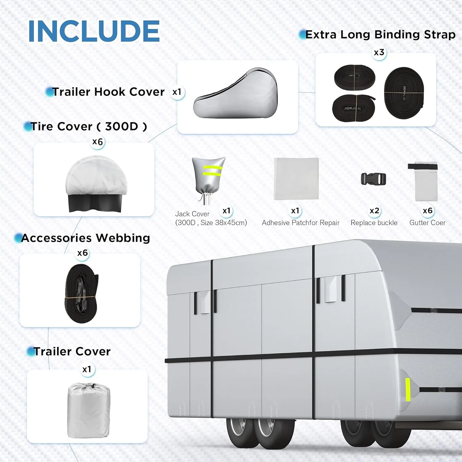 Travel Trailer RV Cover - 300D Windproof, Rip-Resistant, Anti-UV Protection with Jack Cover, Storage Bag, Repair Patches, and Tire Covers