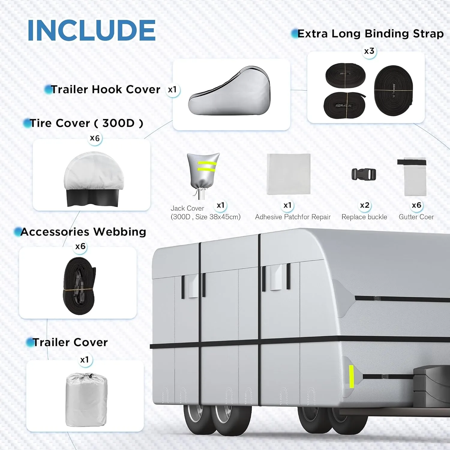 Travel Trailer RV Cover - 300D Windproof, Rip-Resistant, Anti-UV Protection with Jack Cover, Storage Bag, Repair Patches, and Tire Covers