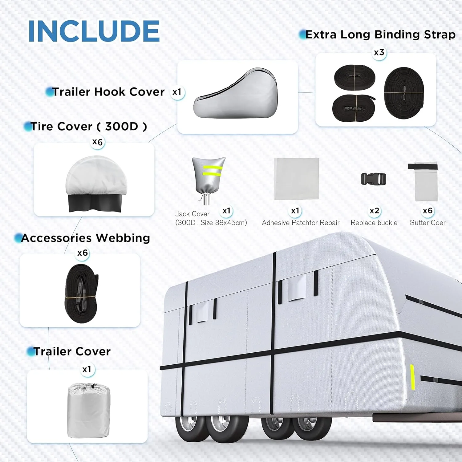 Travel Trailer RV Cover - 300D Windproof, Rip-Resistant, Anti-UV Protection with Jack Cover, Storage Bag, Repair Patches, and Tire Covers