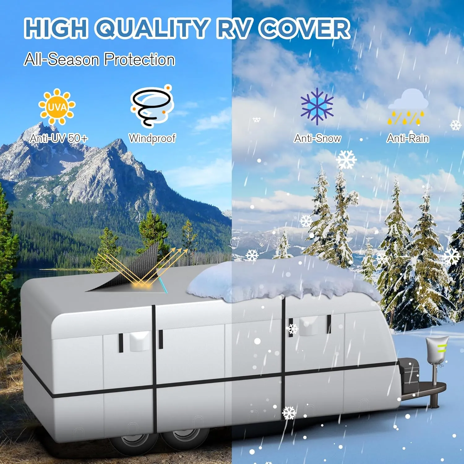 Travel Trailer RV Cover - 300D Windproof, Rip-Resistant, Anti-UV Protection with Jack Cover, Storage Bag, Repair Patches, and Tire Covers