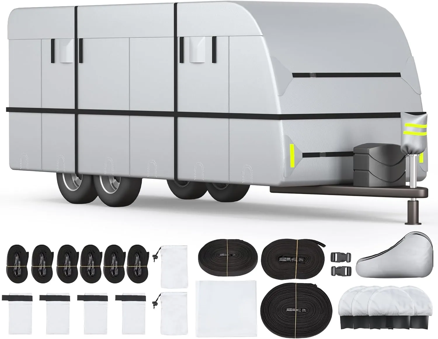 Travel Trailer RV Cover - 300D Windproof, Rip-Resistant, Anti-UV Protection with Jack Cover, Storage Bag, Repair Patches, and Tire Covers