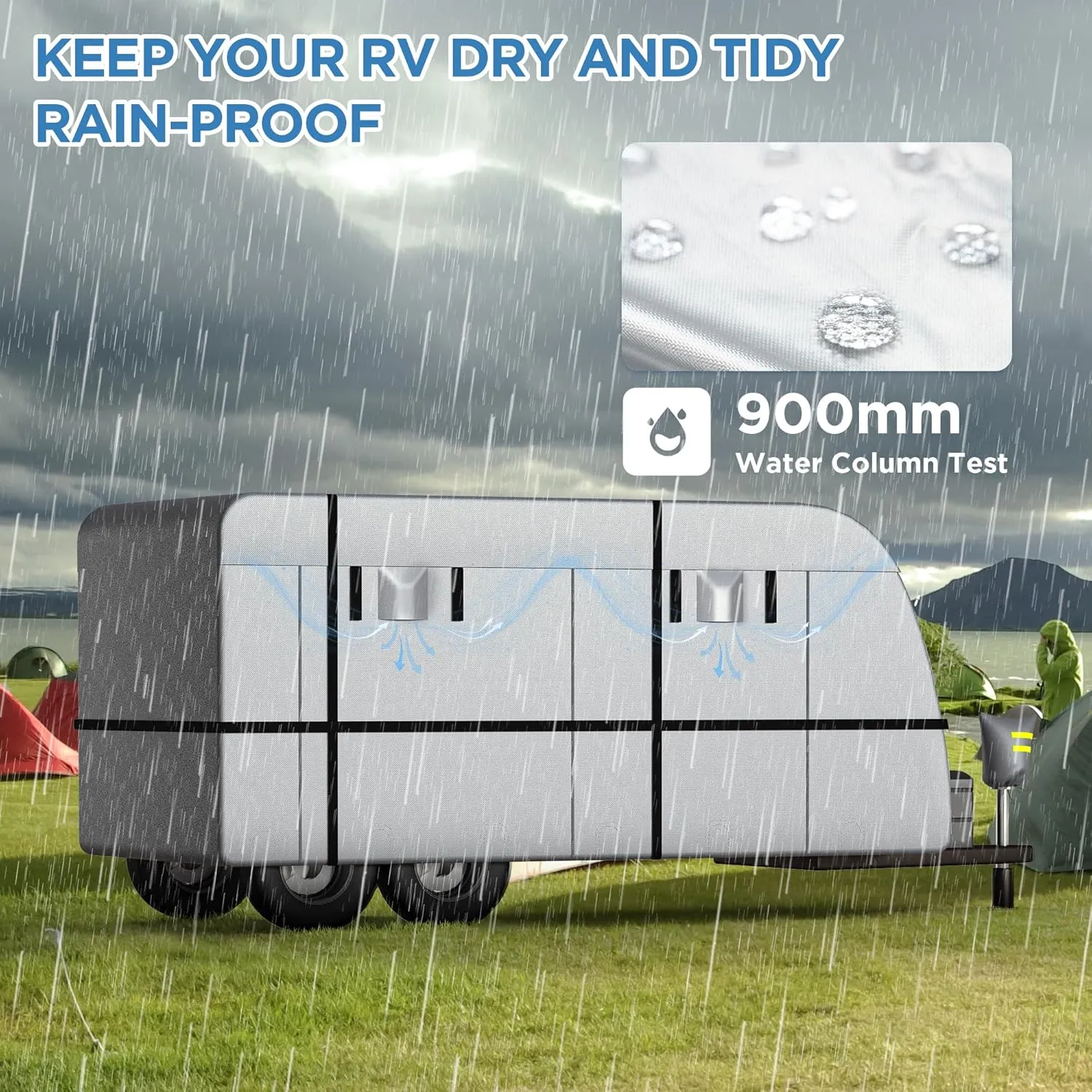 Travel Trailer RV Cover - 300D Windproof, Rip-Resistant, Anti-UV Protection with Jack Cover, Storage Bag, Repair Patches, and Tire Covers