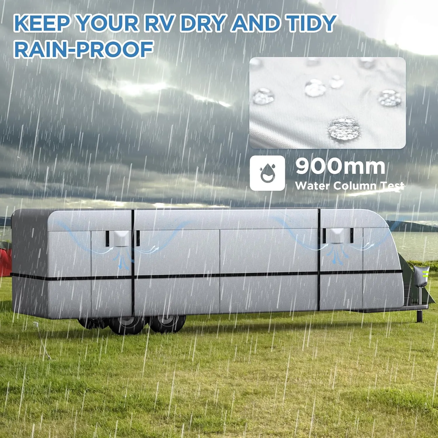 Travel Trailer RV Cover - 300D Windproof, Rip-Resistant, Anti-UV Protection with Jack Cover, Storage Bag, Repair Patches, and Tire Covers