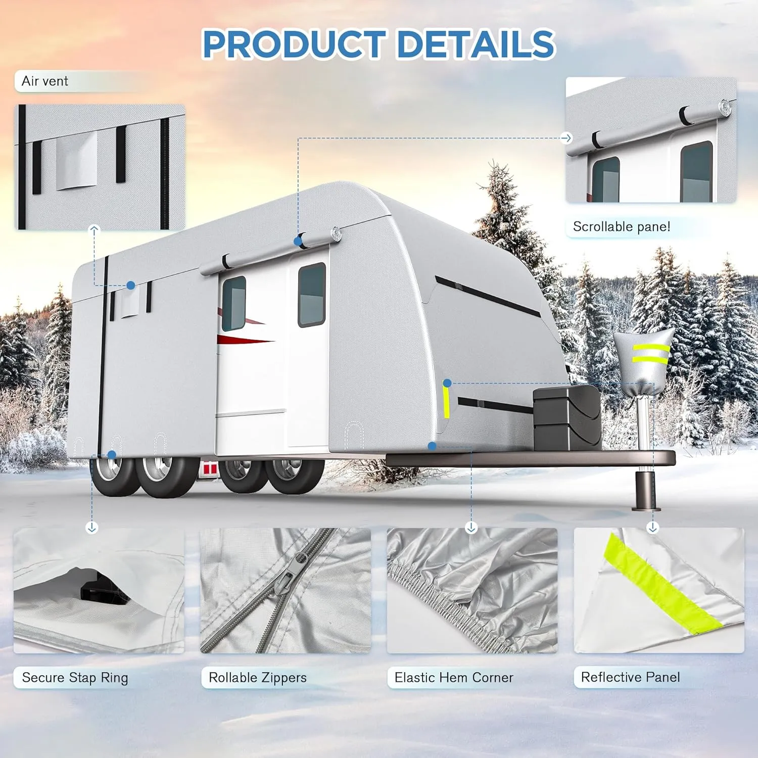 Travel Trailer RV Cover - 300D Windproof, Rip-Resistant, Anti-UV Protection with Jack Cover, Storage Bag, Repair Patches, and Tire Covers