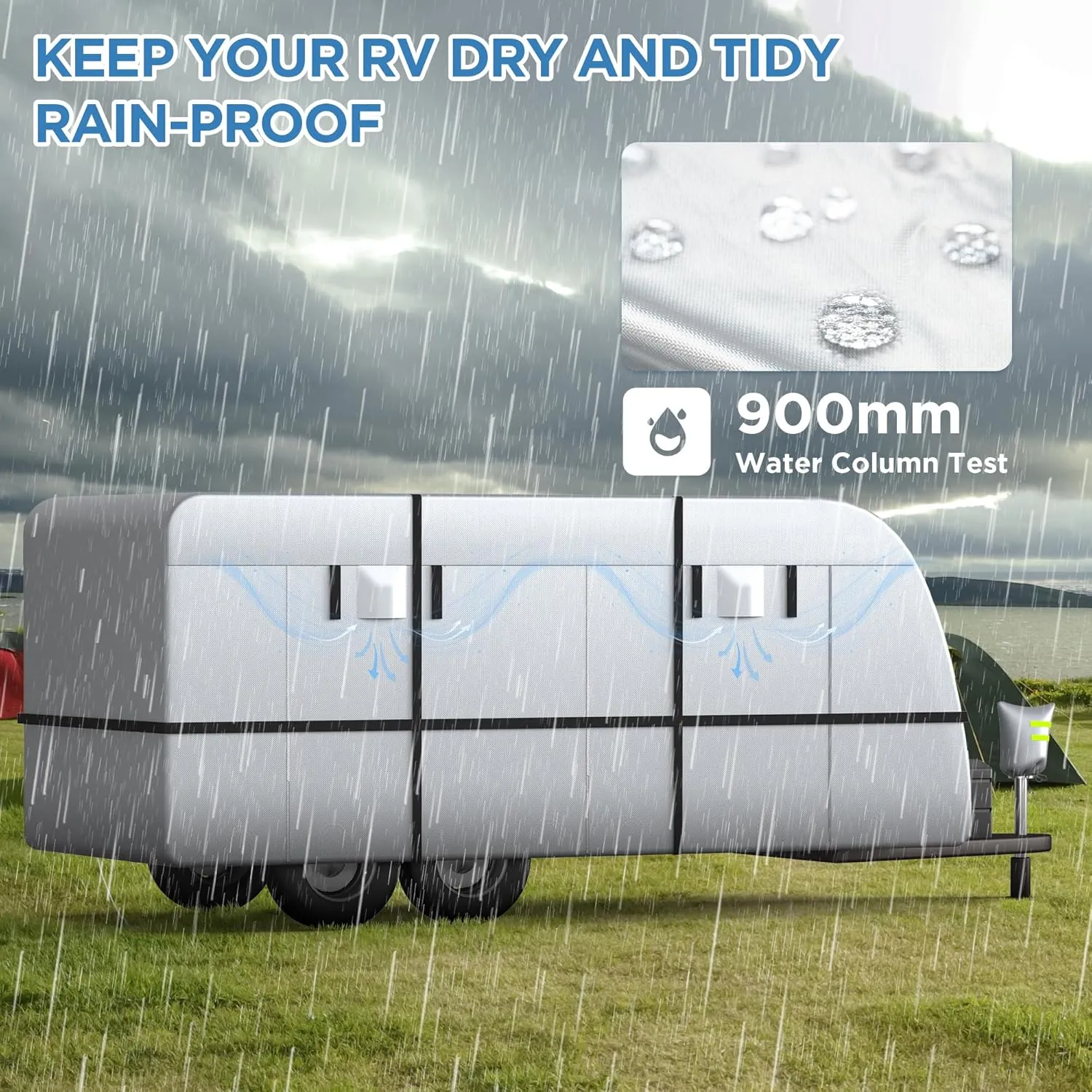 Travel Trailer RV Cover - 300D Windproof, Rip-Resistant, Anti-UV Protection with Jack Cover, Storage Bag, Repair Patches, and Tire Covers