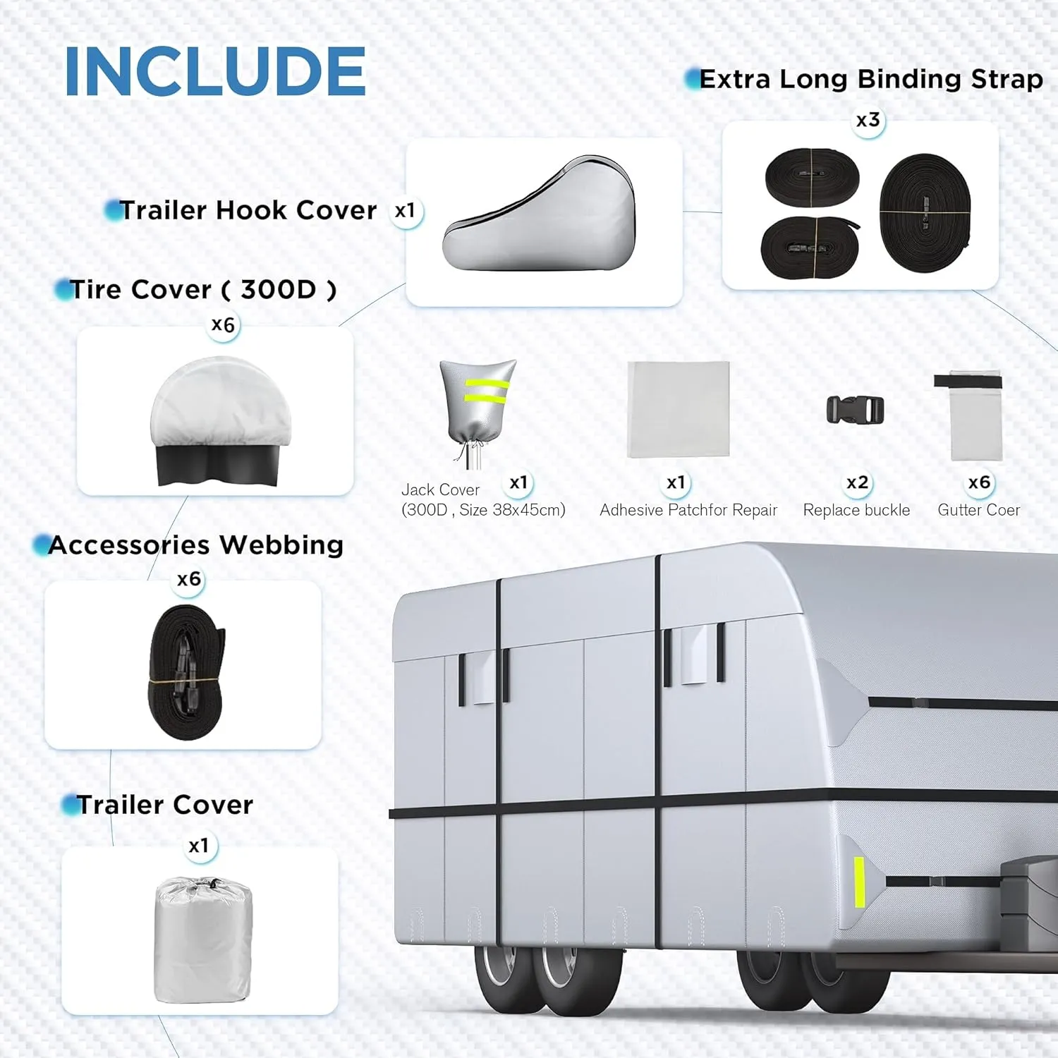 Travel Trailer RV Cover - 300D Windproof, Rip-Resistant, Anti-UV Protection with Jack Cover, Storage Bag, Repair Patches, and Tire Covers