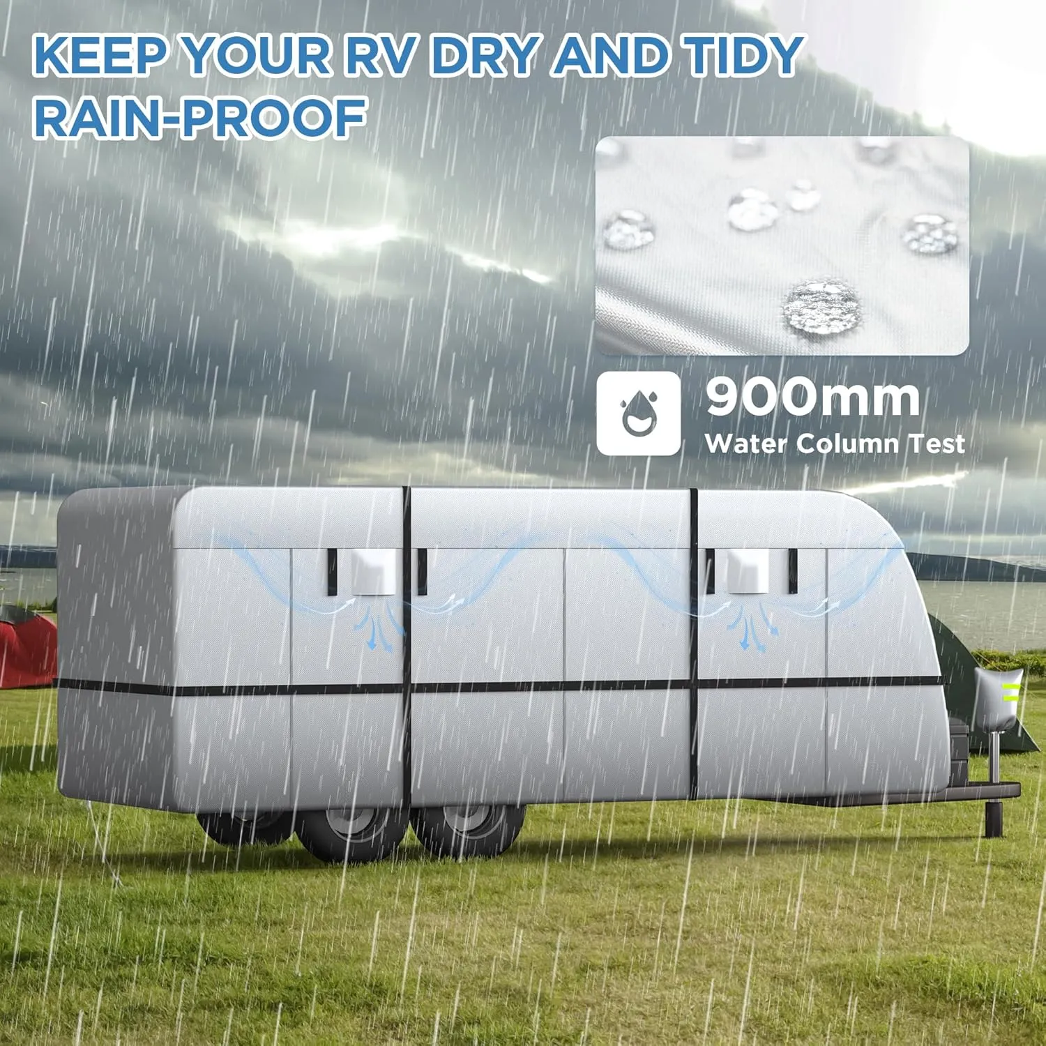 Travel Trailer RV Cover - 300D Windproof, Rip-Resistant, Anti-UV Protection with Jack Cover, Storage Bag, Repair Patches, and Tire Covers