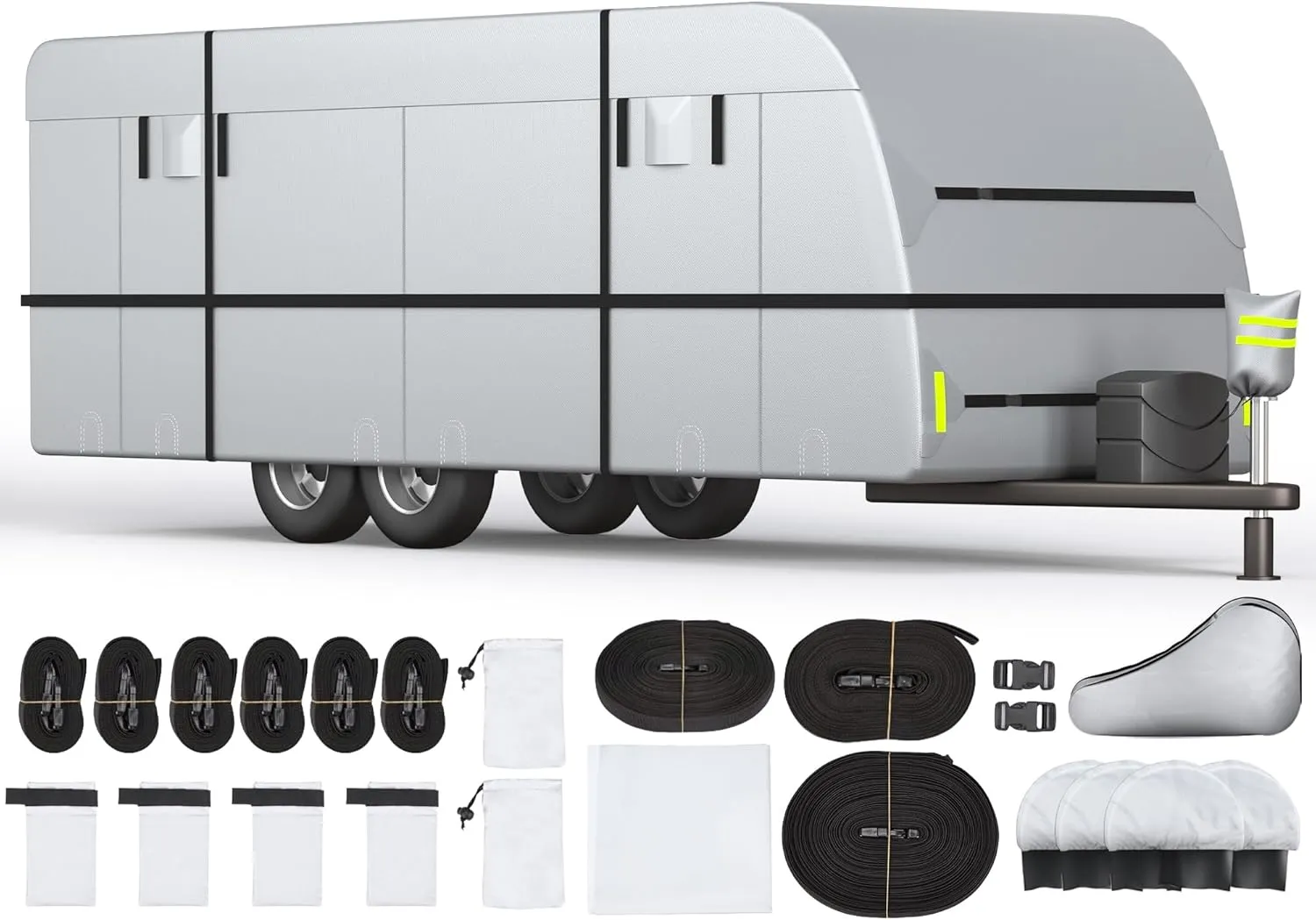 Travel Trailer RV Cover - 300D Windproof, Rip-Resistant, Anti-UV Protection with Jack Cover, Storage Bag, Repair Patches, and Tire Covers