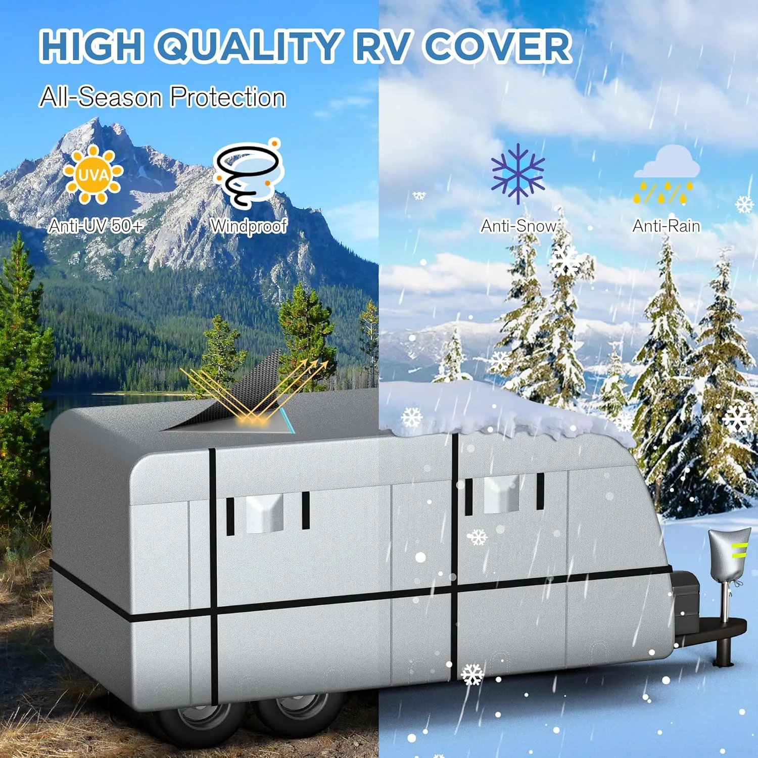 Travel Trailer RV Cover - 300D Windproof, Rip-Resistant, Anti-UV Protection with Jack Cover, Storage Bag, Repair Patches, and Tire Covers