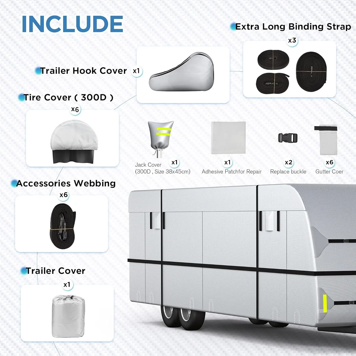 Travel Trailer RV Cover - 300D Windproof, Rip-Resistant, Anti-UV Protection with Jack Cover, Storage Bag, Repair Patches, and Tire Covers