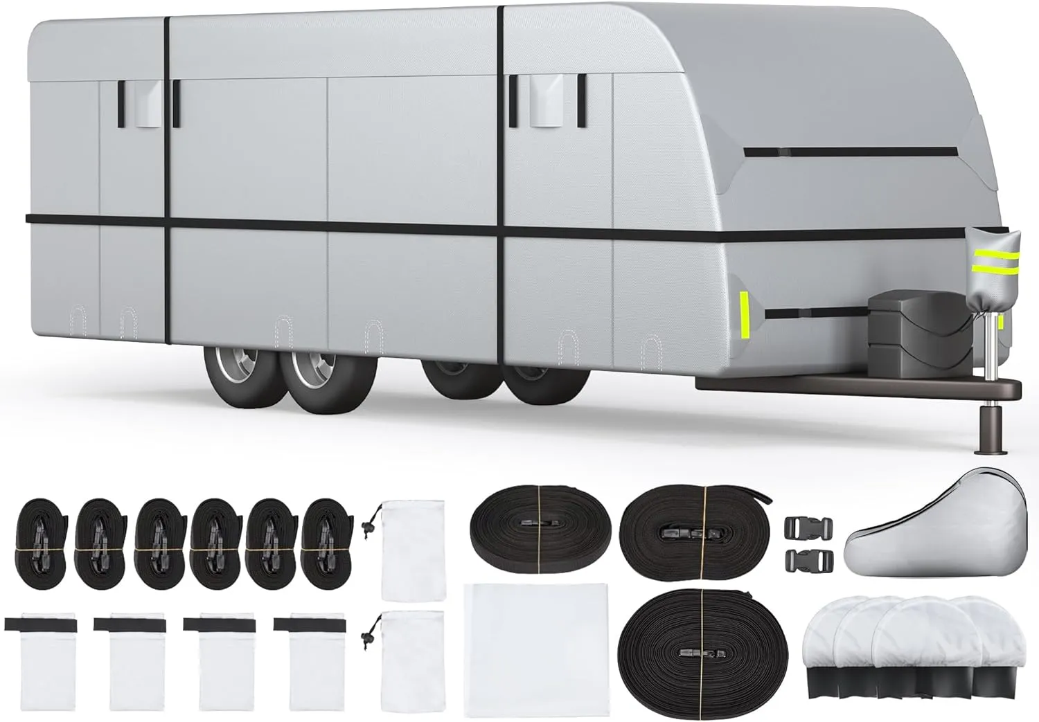 Travel Trailer RV Cover - 300D Windproof, Rip-Resistant, Anti-UV Protection with Jack Cover, Storage Bag, Repair Patches, and Tire Covers