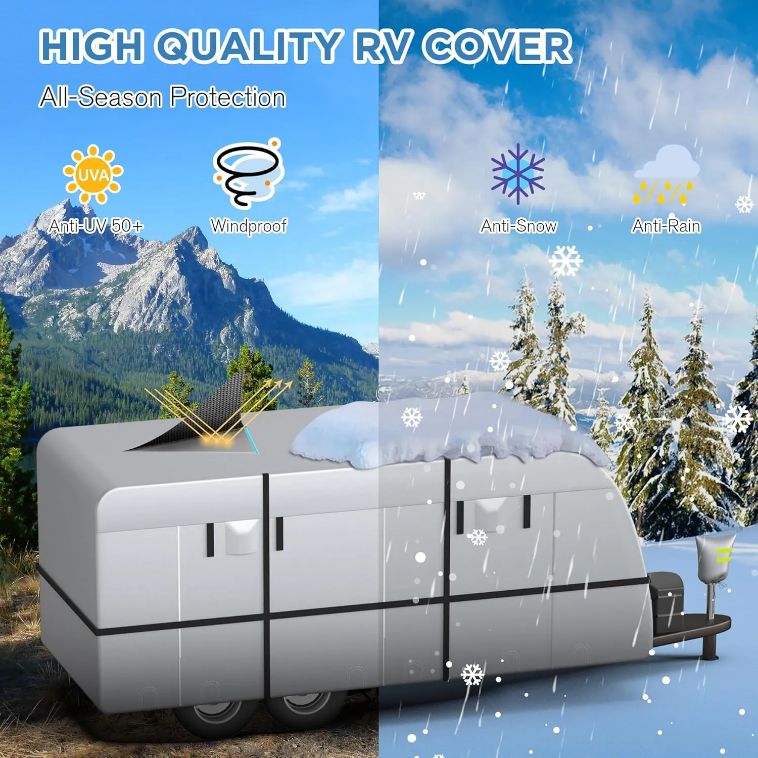 Travel Trailer RV Cover - 300D Windproof, Rip-Resistant, Anti-UV Protection with Jack Cover, Storage Bag, Repair Patches, and Tire Covers