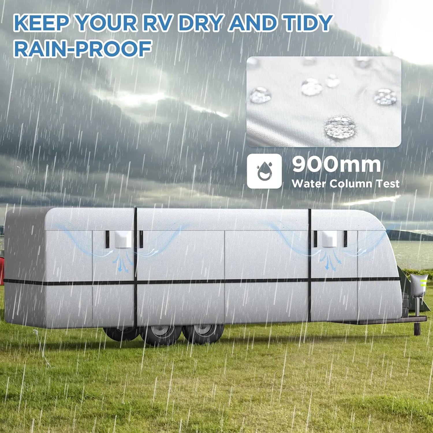 Travel Trailer RV Cover - 300D Windproof, Rip-Resistant, Anti-UV Protection with Jack Cover, Storage Bag, Repair Patches, and Tire Covers