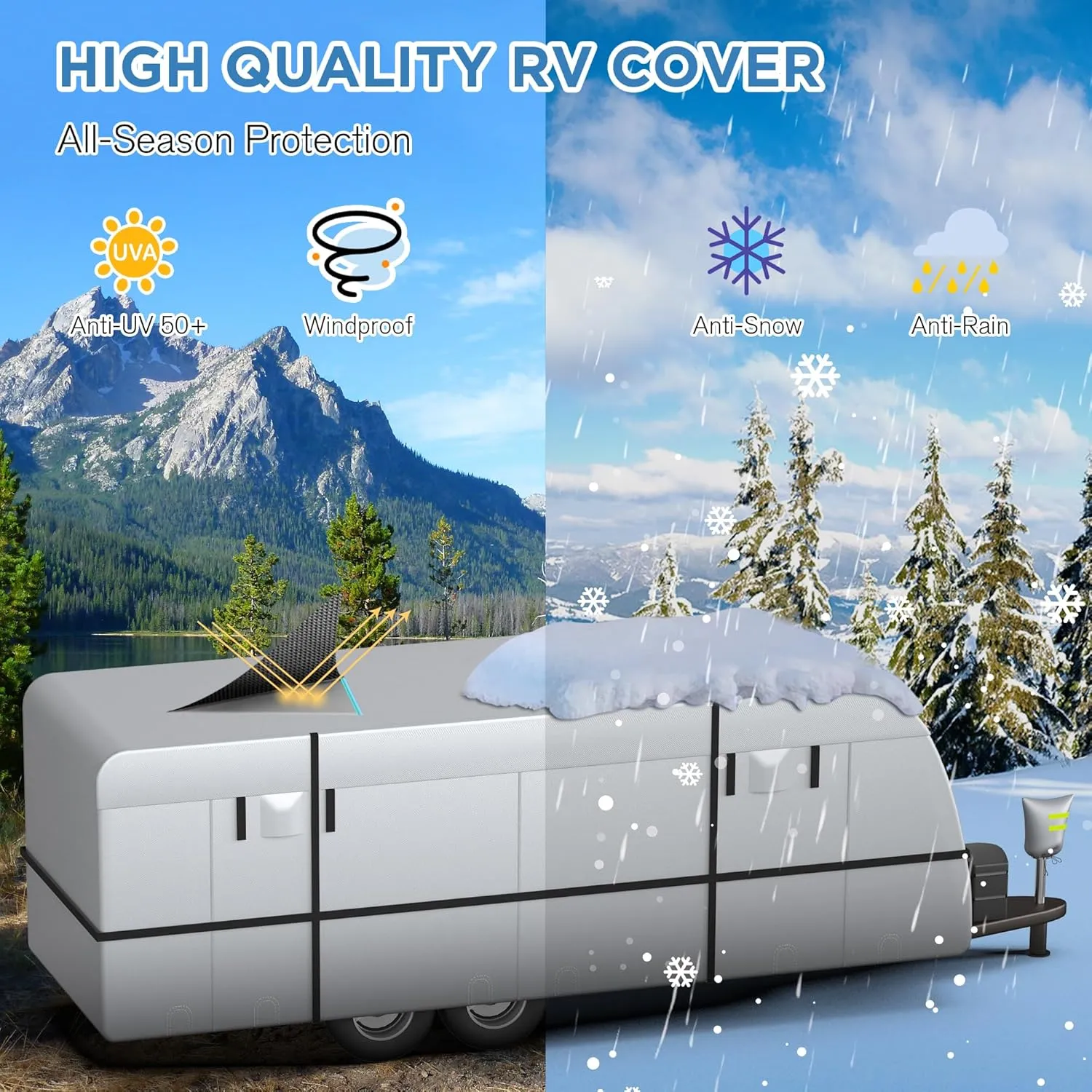 Travel Trailer RV Cover - 300D Windproof, Rip-Resistant, Anti-UV Protection with Jack Cover, Storage Bag, Repair Patches, and Tire Covers