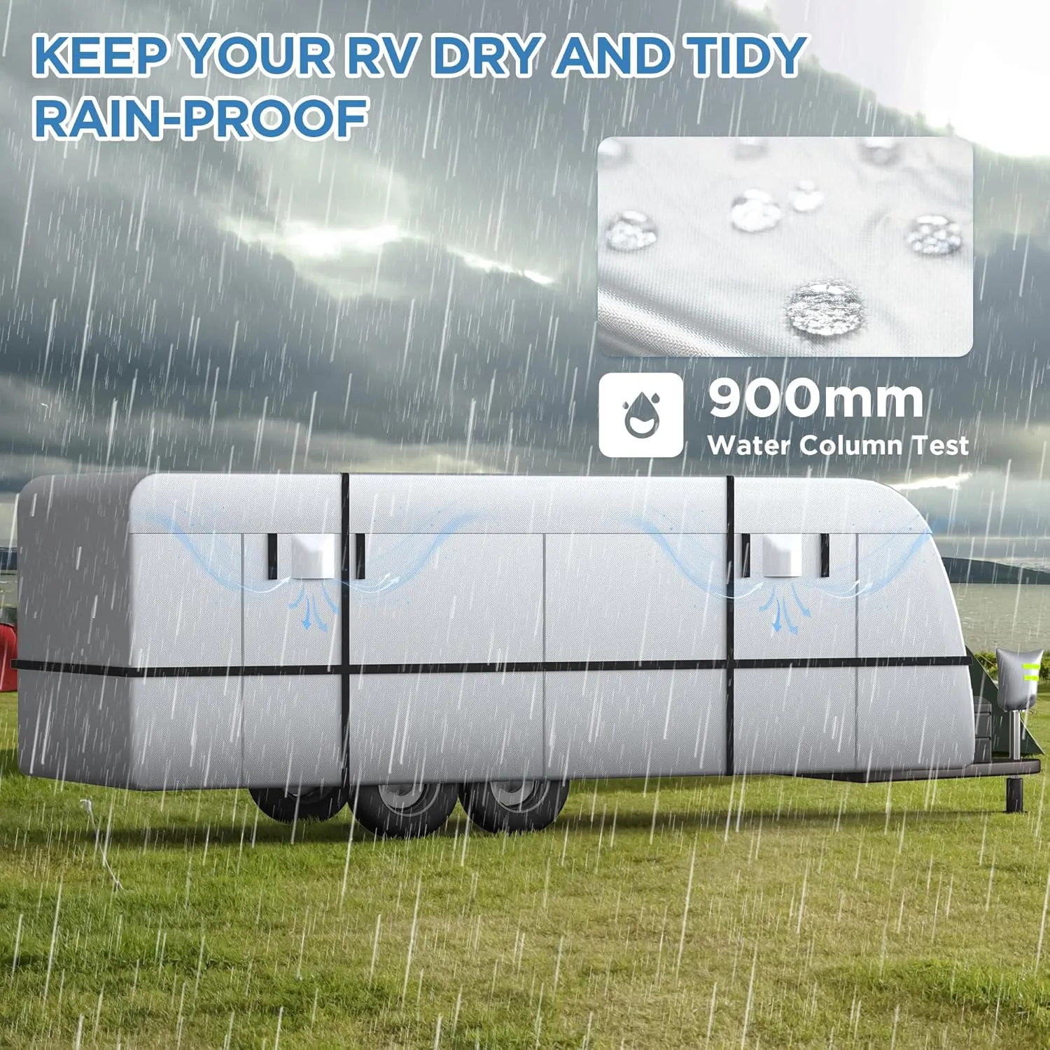 Travel Trailer RV Cover - 300D Windproof, Rip-Resistant, Anti-UV Protection with Jack Cover, Storage Bag, Repair Patches, and Tire Covers