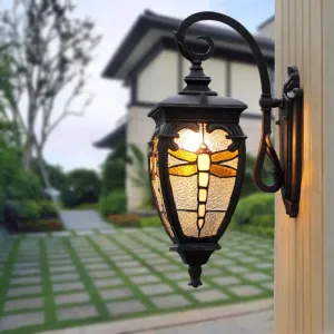 Vintage Stained Glass Wall Lantern with Dragonfly Pattern for Balcony