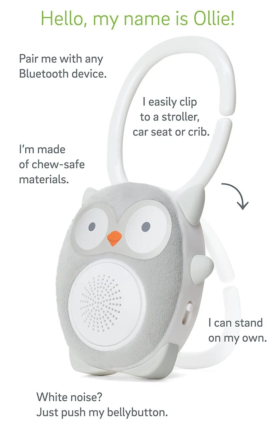 Wavhello Portable Baby Sleep Soother - Rechargeable Bluetooth Noise Machine Travel Sound Speaker Great for Cribs, Strollers, Car Seat and More - Ollie the Owl Soundbub, Grey